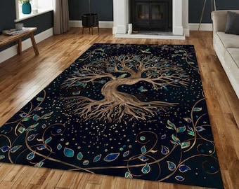 Tapis arbre de vie, tapis nature ciel nocturne avec motif oiseaux et racines, tapis spirituel pour tapis de salon bohème ou tapis de méditation rêveur