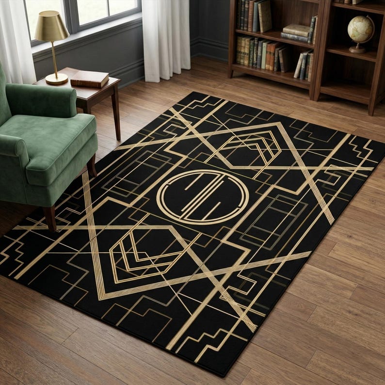 Rectangular Rug Emblem Art Deco Rug With Black Gold Geometric Lines - Etsy