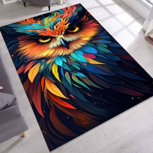 Colorful Owl Art Rug With Bold Feathers, Mystical Animal Carpet For Living Room Or Bedroom, Vibrant Statement Rug For Nature And Bird Lovers
