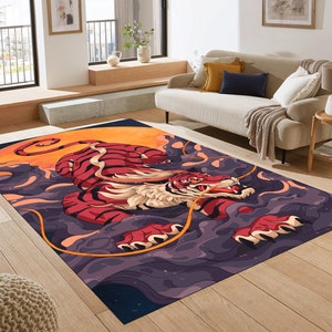 Mythical Tiger Rug, Red Fantasy Beast Rug, Fierce Carpet with Dragon Energy, Bold Creature Art Rug, Epic Fantasy Home Decor Rug