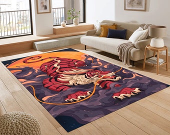 Mythical Tiger Rug, Red Fantasy Beast Rug, Fierce Carpet with Dragon Energy, Bold Creature Art Rug, Epic Fantasy Home Decor Rug