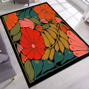 Retro-Blumenteppich Mit Kräftigem Rotem Und Orangefarbenem Blütenblatt, Künstlerischer Blumenblattteppich Für Boho-Interieur, Moderner Botanischer Teppich, Lebendige Natur-Designteppich