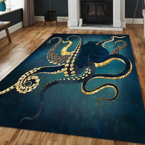 Octopus Art Floor Rug: Gold Tentacle Coastal Decor