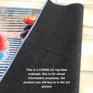 May include: A rectangular rug with a black textured chenille base and a blue stitched edge. The top side features a graphic print with red, blue, and white elements. Text on the black base reads: This is a CHENILLE rug base example.