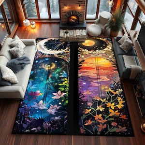 Puede incluir: Una alfombra colorida con dos paneles, cada uno con un diseño de ventana de vitral. Un panel tiene una luna creciente y estrellas, el otro tiene un sol y flores. La alfombra está sobre un suelo de madera en una sala de estar.
