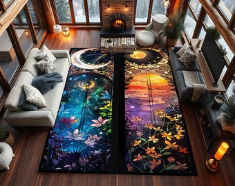 Celestial Moon Sun Rug, Cosmic Floral Rug With Stained Glass Style, Mystical Nature Carpet For Astrology Lovers, Dreamy Starscape Rug