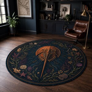 May include: A circular area rug featuring a central copper-toned horseshoe crab illustration surrounded by a dark blue border decorated with intricate marine life patterns, including various seashells, starfish, coral, and seaweed elements.