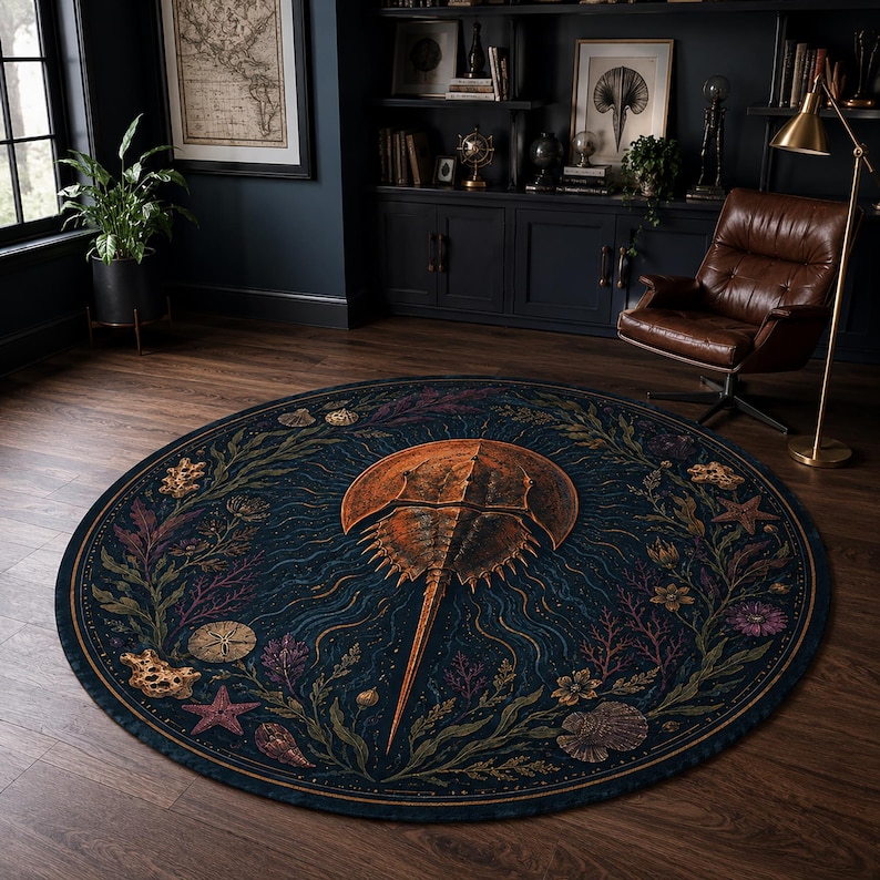 May include: A circular area rug featuring a central copper-toned horseshoe crab illustration surrounded by a dark blue border decorated with intricate marine life patterns, including various seashells, starfish, coral, and seaweed elements.