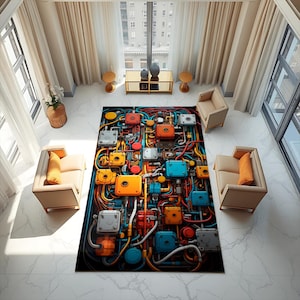 May include: A rectangular area rug with a complex, colorful design resembling an intricate circuit board. The rug features a black background with a network of yellow, orange, blue, and red lines and square components. The rug is in a modern living room setting.