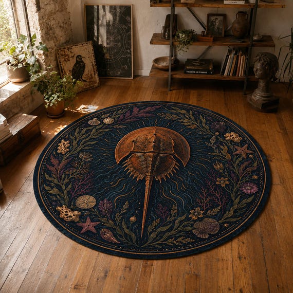 Horseshoe Crab Round Rug, Coastal Sea Life Rug, Nautical Decor Carpet