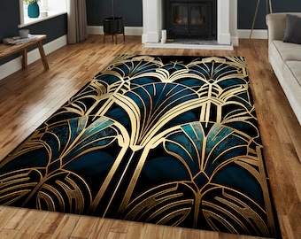 Art Deco Rug, Navy Blue Rug, Gold Striped Rug, Rugs For Living Room, Geometric Rug, Modern Art Rug, Home Decor Rug, Abstract Minimalist Rug