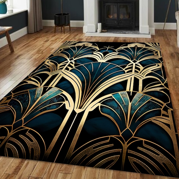 Art Deco Rug, Navy Blue Gold Striped, Modern Art Rug, Abstract Rug, Salon Kitchen Living Room Washable Bedroom Entryway Nonslip Laundry Dorm