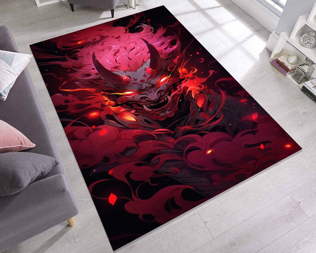 Oni Demon Mask Inferno Rug, Japanese Devil Portrait Rug, Fiery Hellfire ...