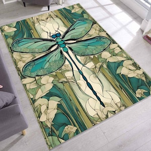 Dragonfly Rug, Art Nouveau Floral Carpet, Vintage Nature Decor Rug, Botanical Accent Rug, Elegant Insect Rug For Living Room Ambience