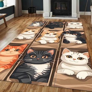 Bonita alfombra con diseño de gatos en forma de caja, adorable alfombra artística con gatitos de dibujos animados en cajas, un acogedor regalo para amantes de los gatos, una decoración caprichosa de animales para hogares que admiten mascotas.