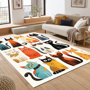 Alfombra colorida de gato con dibujos animados, decoración felina moderna y divertida, alfombra de gatitos caprichosa para amantes de los gatos, un bonito regalo para dueños de mascotas y habitaciones infantiles.