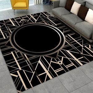 Luxury Art Deco Rug for Living Room, Elegant Rug with Black Gold Geometric Design, Stylish Carpet for Bedroom, Modern Area Rug