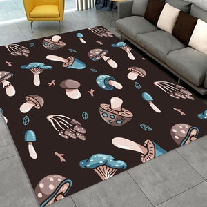 Bonita alfombra con forma de hongo y dibujos animados, minimalista, con decoración de bosque para habitación infantil, suave, estilo cottagecore, neutra y divertida.