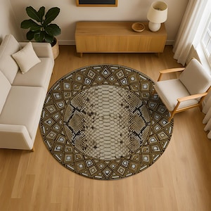Op de afbeelding: Een rond vloerkleed met een slangenpatroon in beige, bruin en zwart. Het midden heeft een gedetailleerd slangenvelontwerp, omgeven door een geometrische rand van ruiten en vierkanten. Het kleed ligt op een houten vloer.