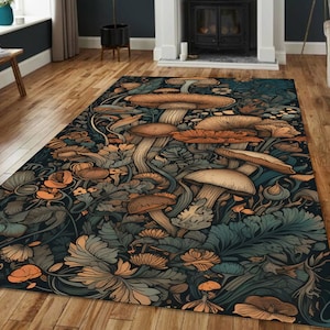 Mushroom Rug With Forest Flora, Whimsical Nature Inspired Rug, Botanical Cottagecore Carpet, Fungi Pattern Rug, Boho Forest Room Rug
