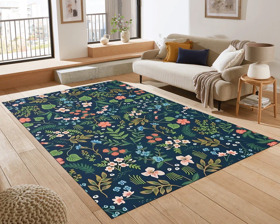 Floral Cottagecore Rug: Botanical Garden Style, Navy Background - Etsy