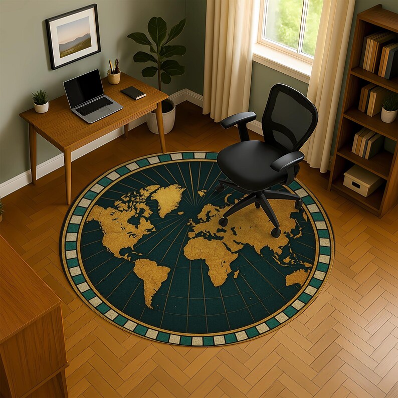 Round World Map Rug: Teal & Gold Continents, Vintage Explorer Look - Etsy