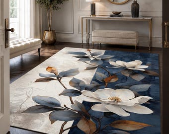 White Magnolia Floral Area Rug, Navy Blue Botanical Flower Carpet, Nature Decor Home Office