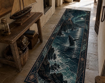Whale Northern Lights Runner Rug, Coastal Ocean Hallway Rug