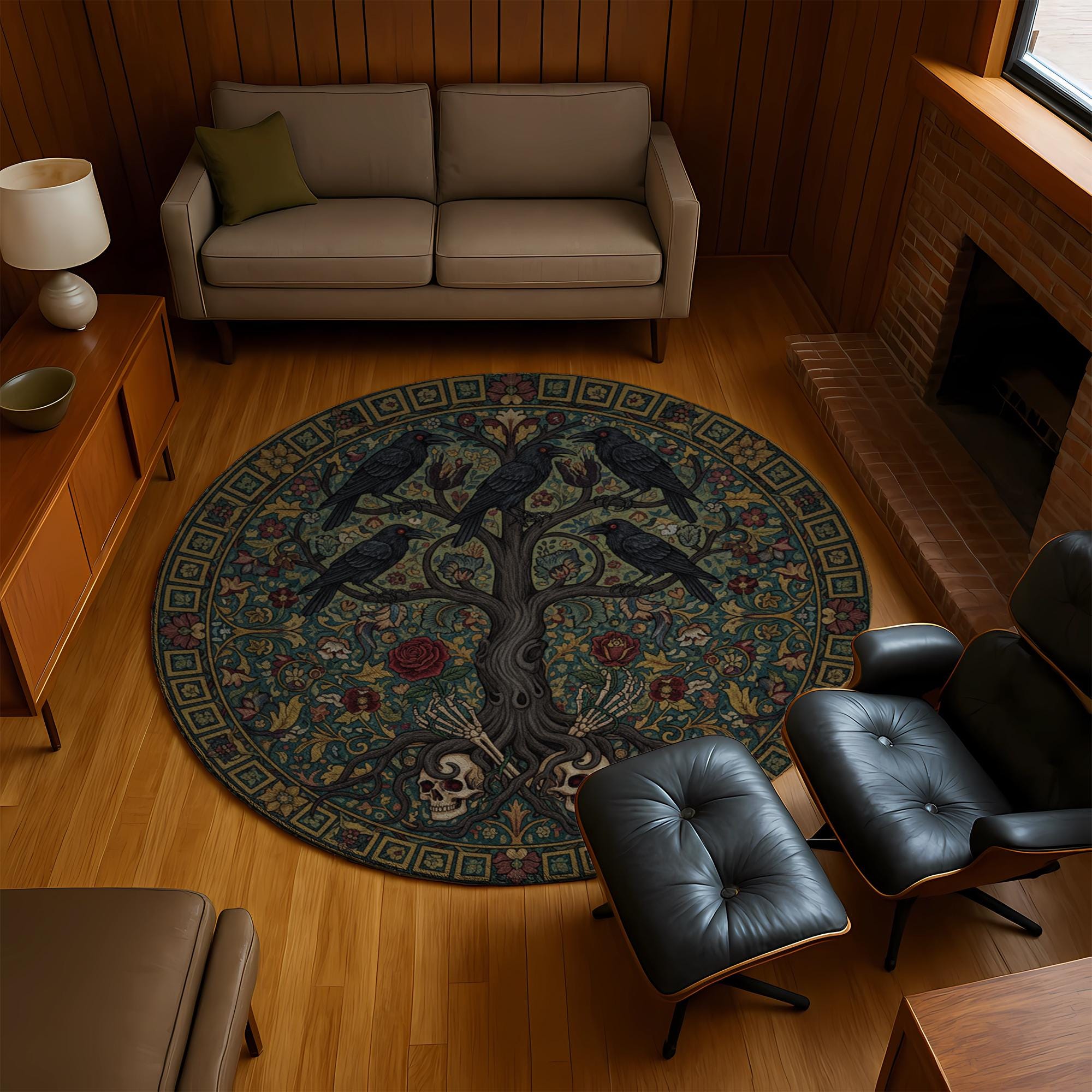 Round Gothic Crow Rug: Ravens Tree of Life, Skull Floral, Dark Folklore ...