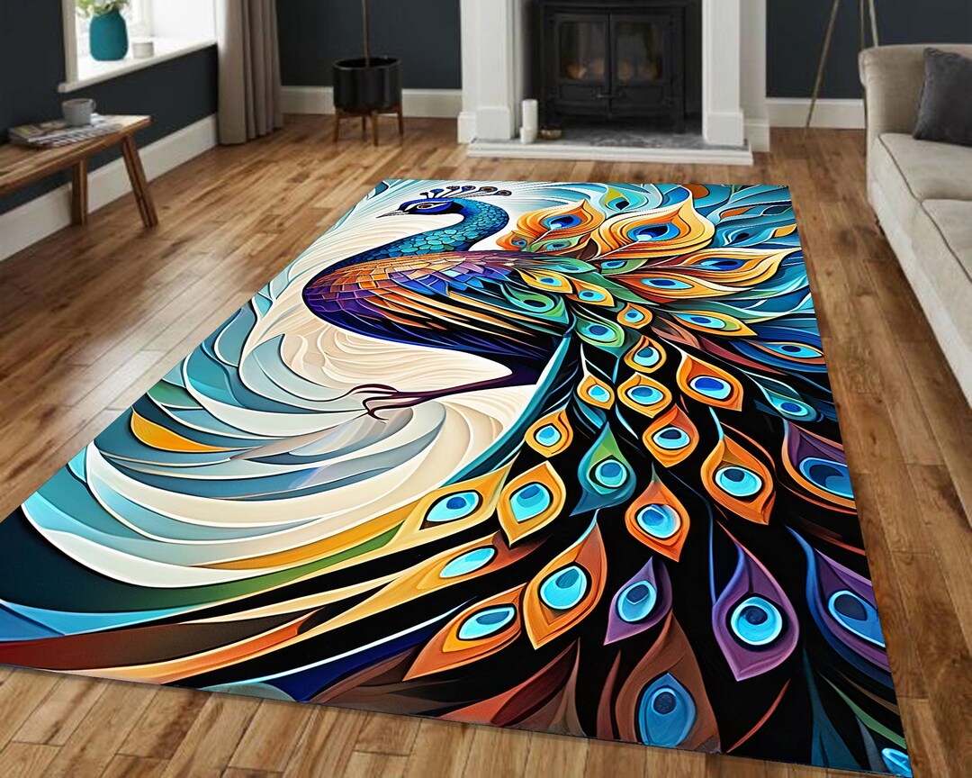 Feathered Rug Peacock Feather Area Rug, Teal Gold Plumage, Art Nouveau Carpet - Etsy
