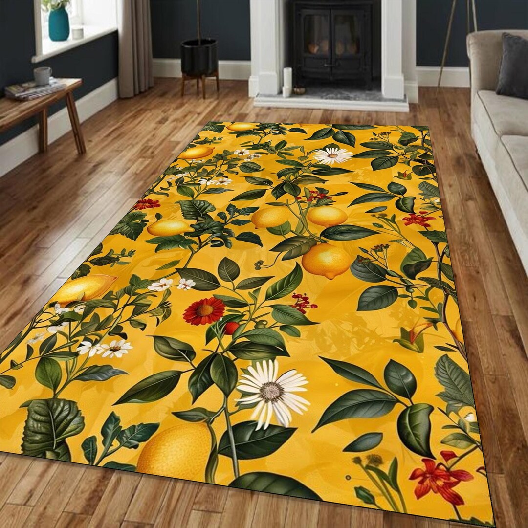 Lemon Grove Floral Rug, Sunny Citrus Vine Pattern on Yellow - Etsy
