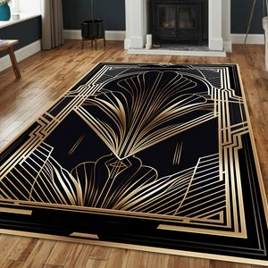 Tappeto Art Déco nero e oro / Tappeto con motivo a ventaglio