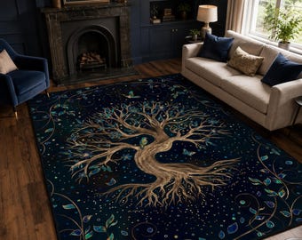 Tree of Life Area Rug, Black Gold Botanical Carpet, Boho Living Room Rug