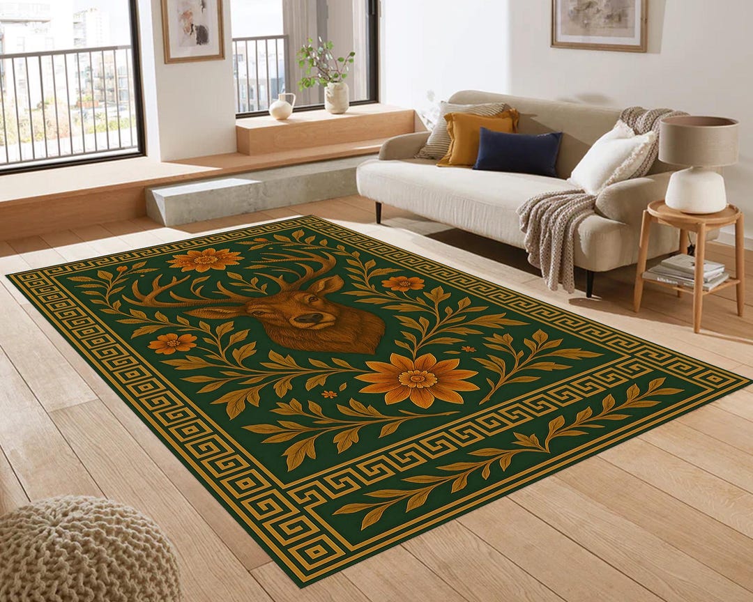 Stag Deer Head Area Rug, Green Floral Greek Key Border, Art Deco - Etsy