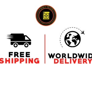 Może przedstawiać: Czarny samoch&oacute;d dostawczy z napisem "DARMOWA DOSTAWA" i czarna kula ziemska z samolotem nad nią z napisem "DOSTAWA NA CAŁY ŚWIAT".