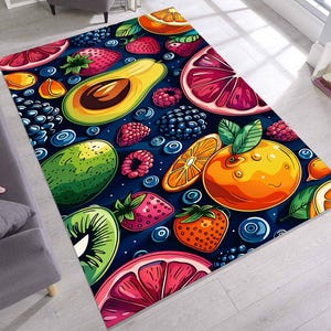 Tropical Fruit Pattern Rug, Colorful Kiwi, Orange, Strawberry and Avocado Design, Vibrant Area Rug for Kitchen or Living Room