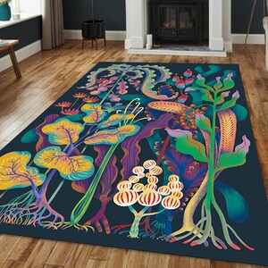 May include: A colorful rug with a dark blue background featuring a stylized design of various plants and flowers. The plants are in shades of yellow, green, red, and purple.