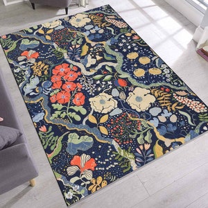 Floral Botanical Garden Rug: Dark Cottagecore Style, Eco-Friendly