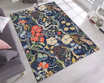 Floral Botanical Garden Rug: Dark Cottagecore Style, Eco-Friendly