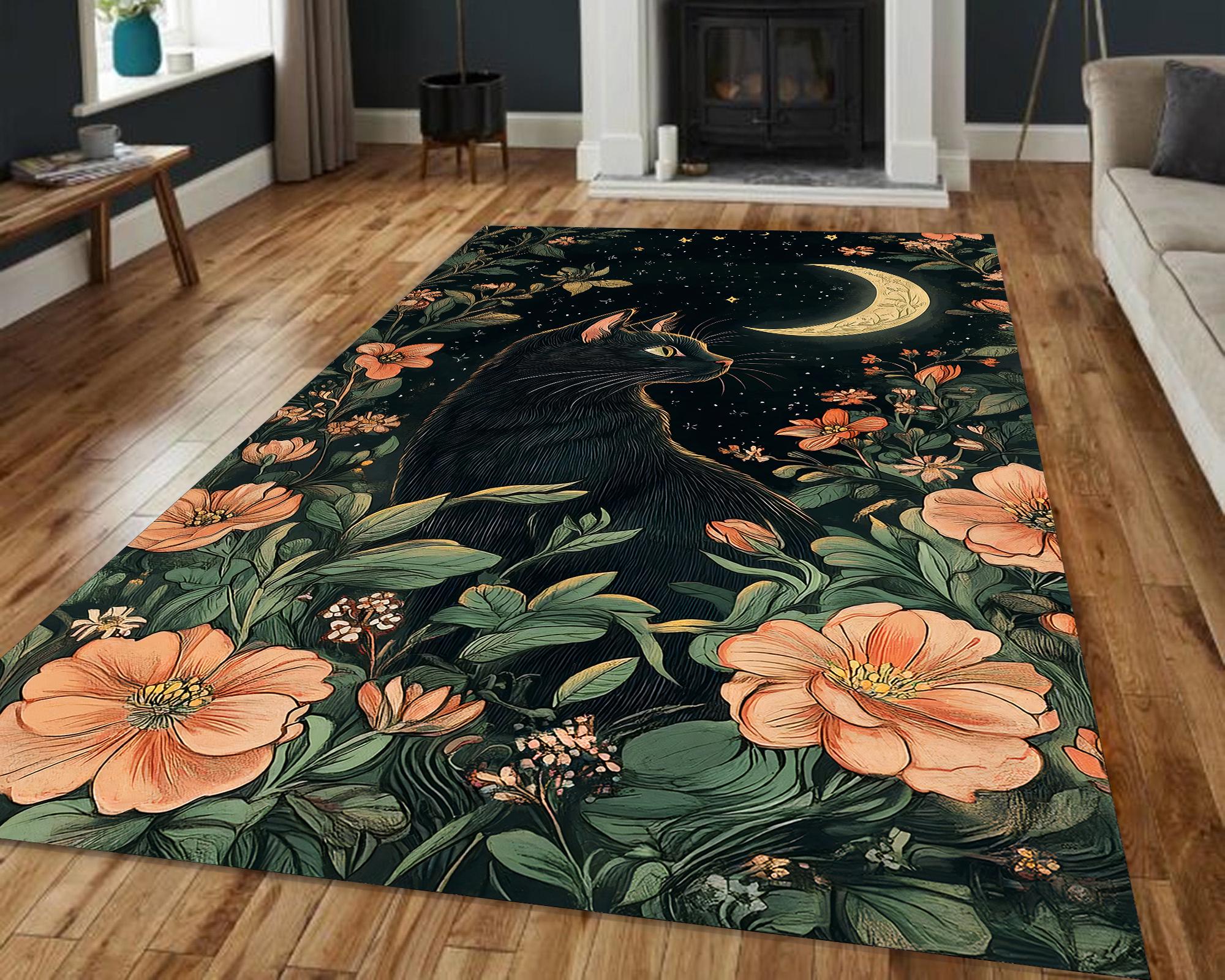 Mystical Black Cat Rug, Cottagecore Moon Rug With Floral Night Garden Art, Botanical Witchy Carpet For Cozy Rooms, Celestial Feline Rug