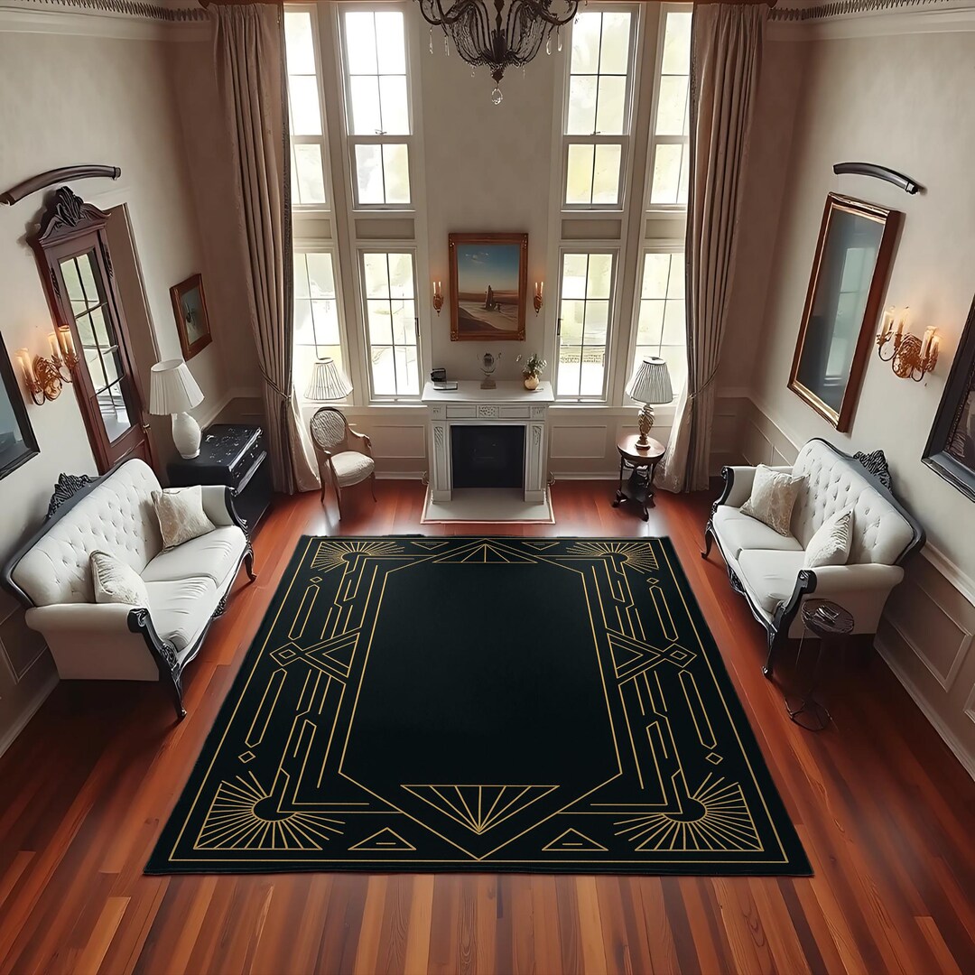 Deco Border Rugs Art Deco Frame Rug, Black Gold Geometric Border Gatsby Style - Etsy