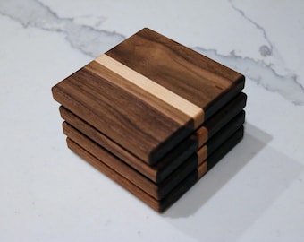 Handmade Walnut Maple Coaster Set | Solid Hardwood Coasters | Set of 4 | Housewarming Gift | Natural Wood Home Decor