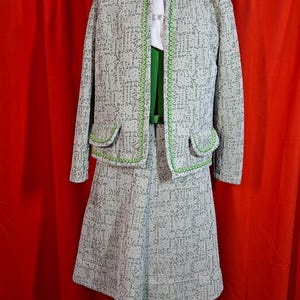Vintage 1960s Joan Curtis green dress with jacket, belt, and scarf