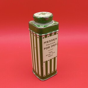 ヴィンテージメタルMennen Talcum For Menコンテナ、グリーンとクリーム色のストライプ
