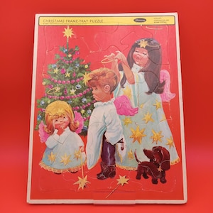 zestaw 2 tekturowych puzzli świątecznych dla dzieci Whitman Frame Tray z lat 70.