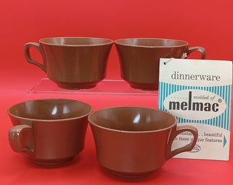 Set of 4 brown MCM Melmac teacups with tag from Allied Chemical