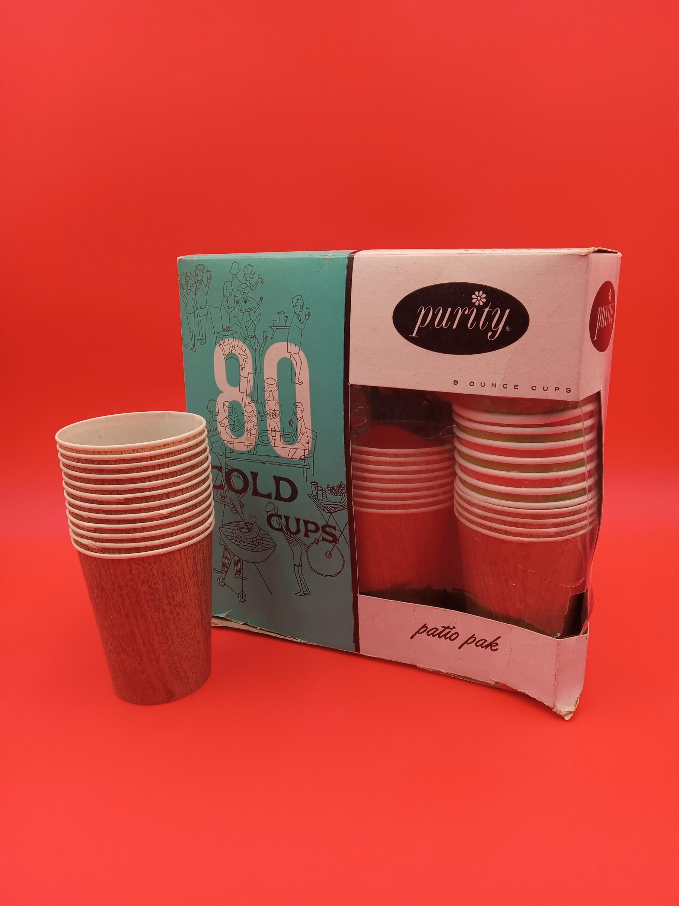 1959 MCM Purity 9 oz "patio pak cold cups" wax coated paper cups made in USA by Sutherland Paper Co