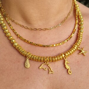 Sea Charm Necklace Summer Beach Necklace | Gold Gemstone Necklace Adorned wt Gold Filled Multi Charms-Pendants | Mermaid Necklace