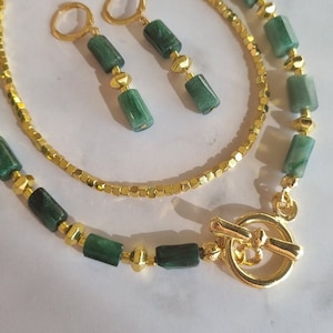 Multistrand Raw Emerald Necklace ft Gold Filled Toggle. May birthstone -Taurus&Gemini Gemstone. Long Handmade Jewelry 1-2 Tier Variants