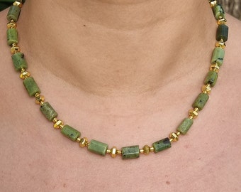 Jade Necklace ft Golden Hematites. Increase Your Good Luck wt Beaded Green Jade Necklace. Best Long Gemstone Necklace Gift for Her